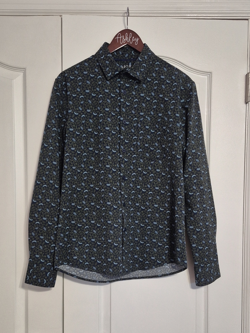 APT. 9 Men's Blue Patterned Long-Sleeve Premier Performance Slim Fit Shirt